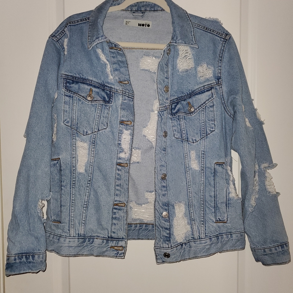 Topshop Moto Distressed Blue Denim Jacket, Oversized 6 - Picture 8 of 8